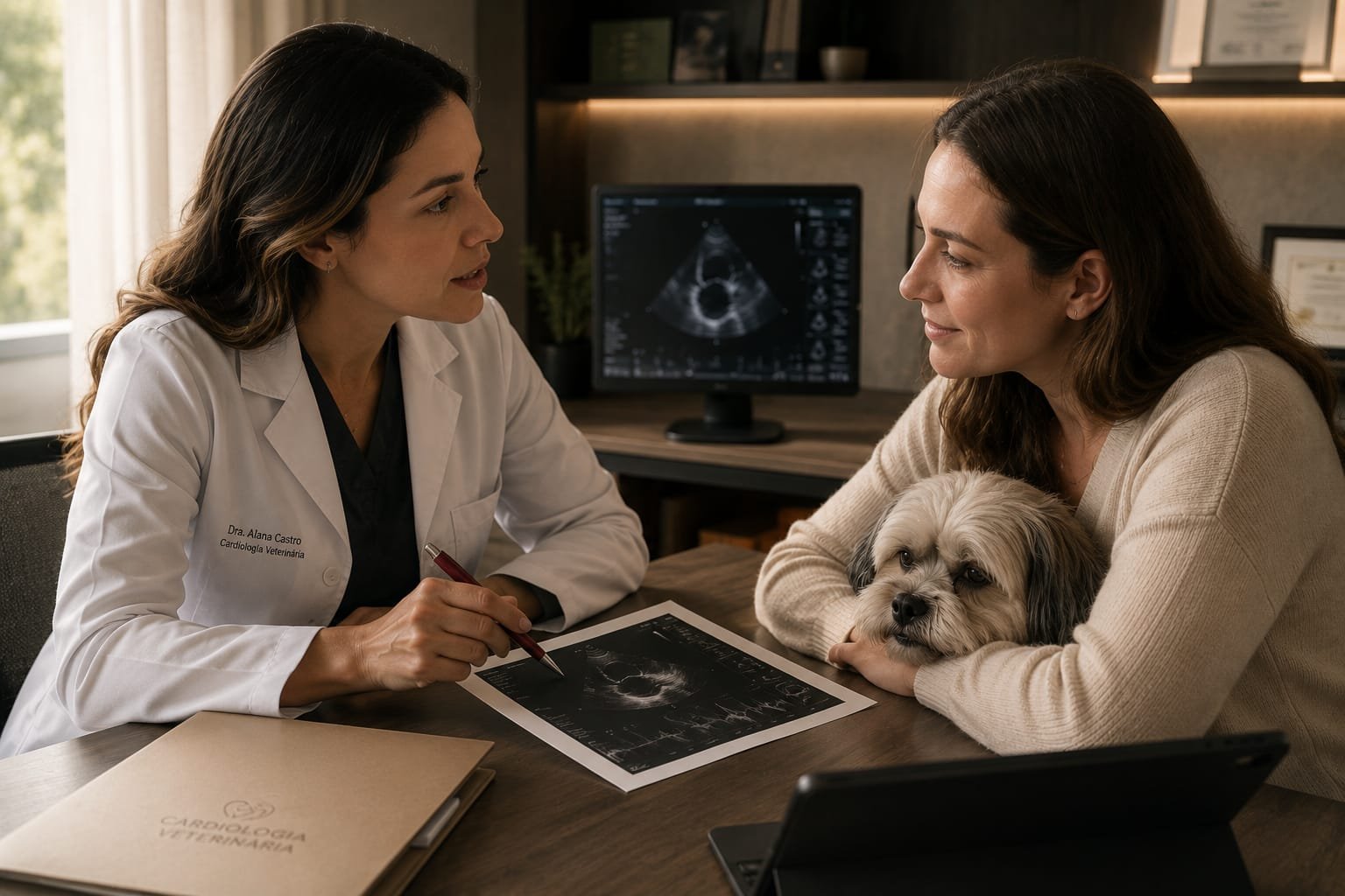 Cena editorial de atendimento cardiológico veterinário, com laudo de ecocardiograma e um cão sobre a mesa.